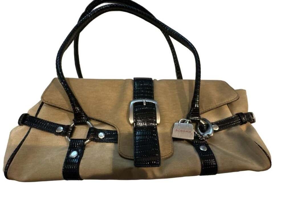 BCBGIRLS Canvas and Patent Leather Shoulder Bag Tan Black